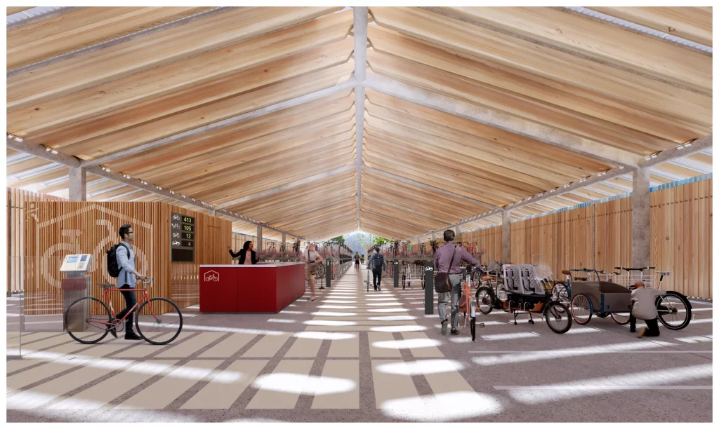 intérieur de l'espace de stationnement en gare du Nord Halle à Vélos