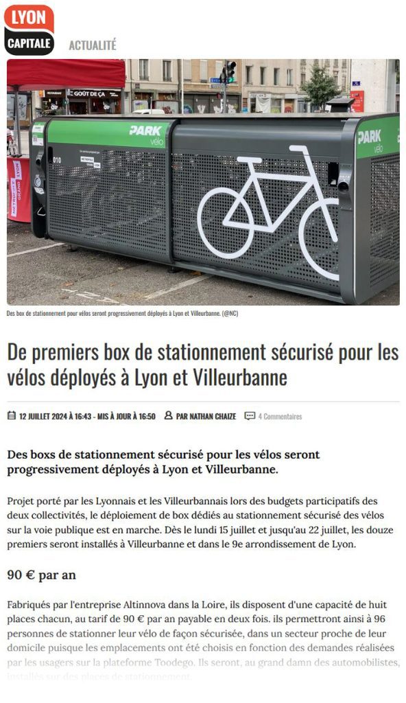 aperçu de l'article de Lyon Capital sur les box vélos sécurisés du Grand Lyon