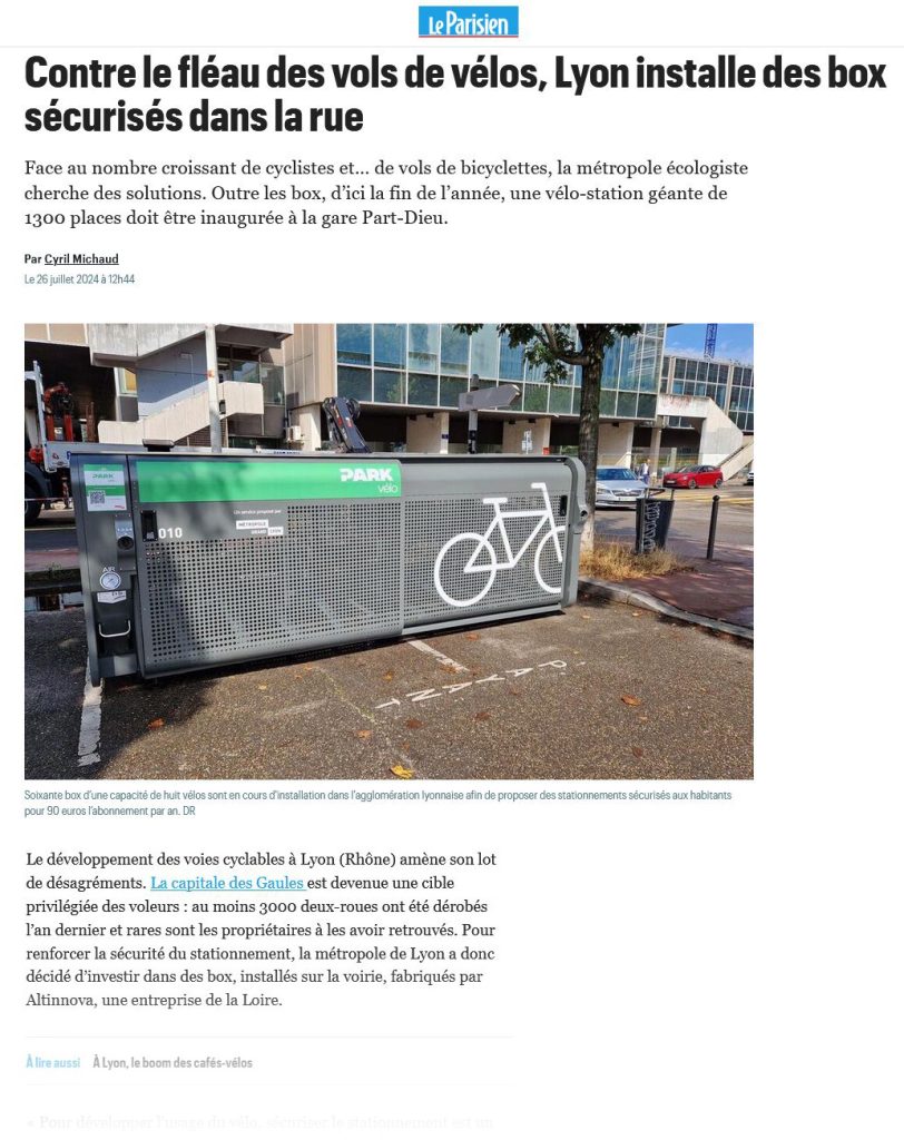 article Contre le fléau des vols de vélos, Lyon installe des box sécurisés dans la rue paru dans le journal Le Parisien