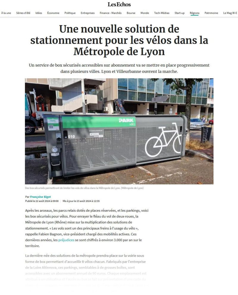 article sur la nouvelle solution de stationnement vélos ALTAO Pod d'Altinnova dans Les Echos