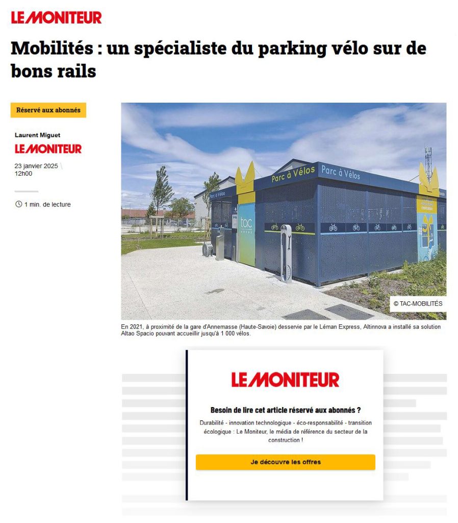 article du magazine Le Moniteur : Mobilités : le spécialiste du parking vélo Altinnova sur de bons rails