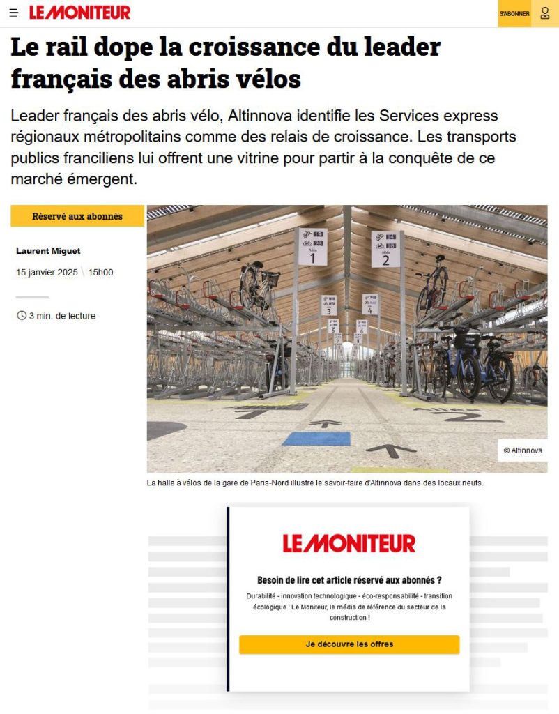 article de Le Moniteur : "Le rail dope la croissance du leader français des abris vélos" sur Altinnova